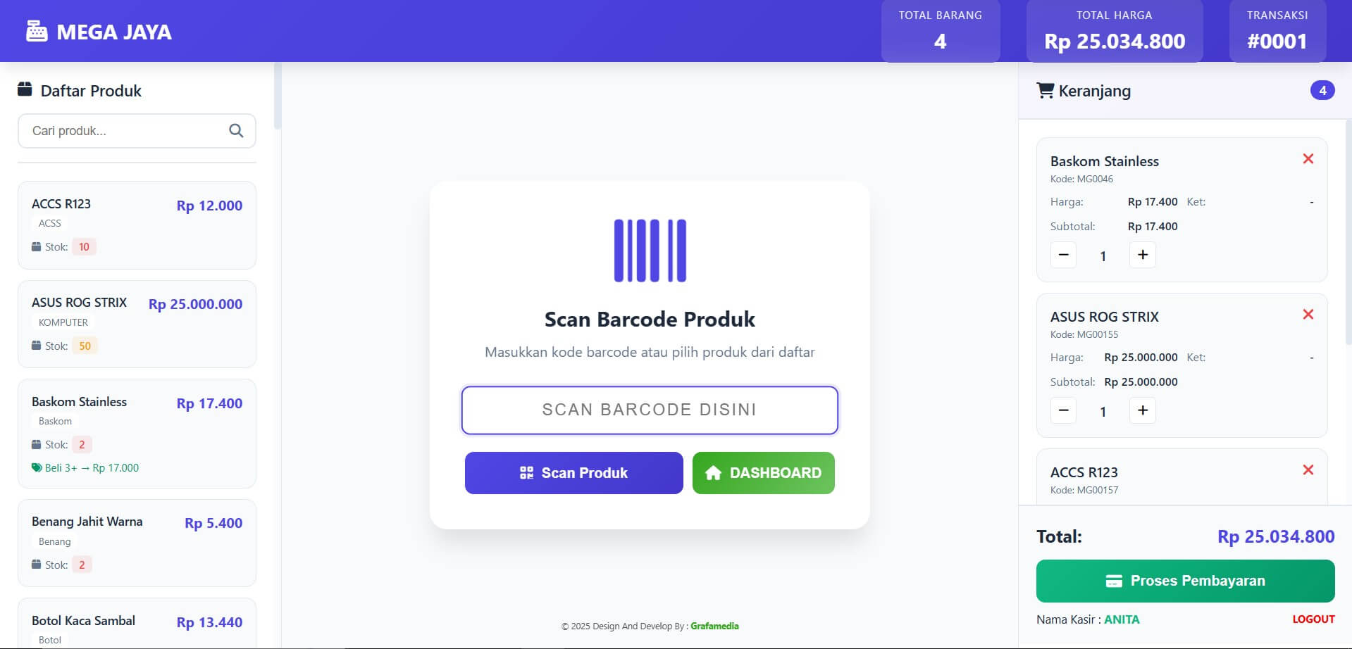 Tampilan halaman kasir penjualan dengan item di keranjang